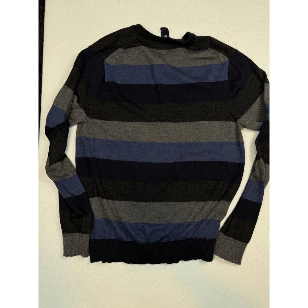 Gap Mens Merino Wool V-Neck Sweater Large Blue Gray Striped Knit Pullover
